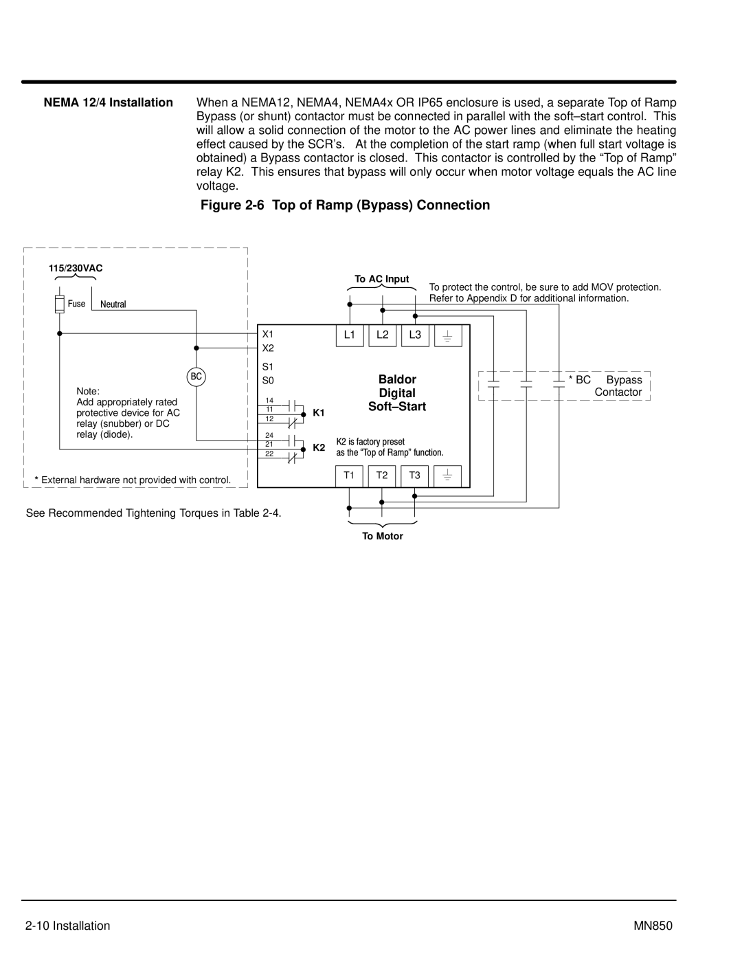 Baldor Baldor, MN850 manual Top of Ramp Bypass Connection, 115/230VAC 