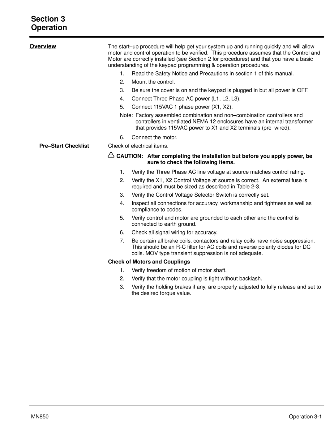 Baldor MN850, Baldor manual Section Operation, Overview, Pre-Start Checklist, Sure to check the following items 