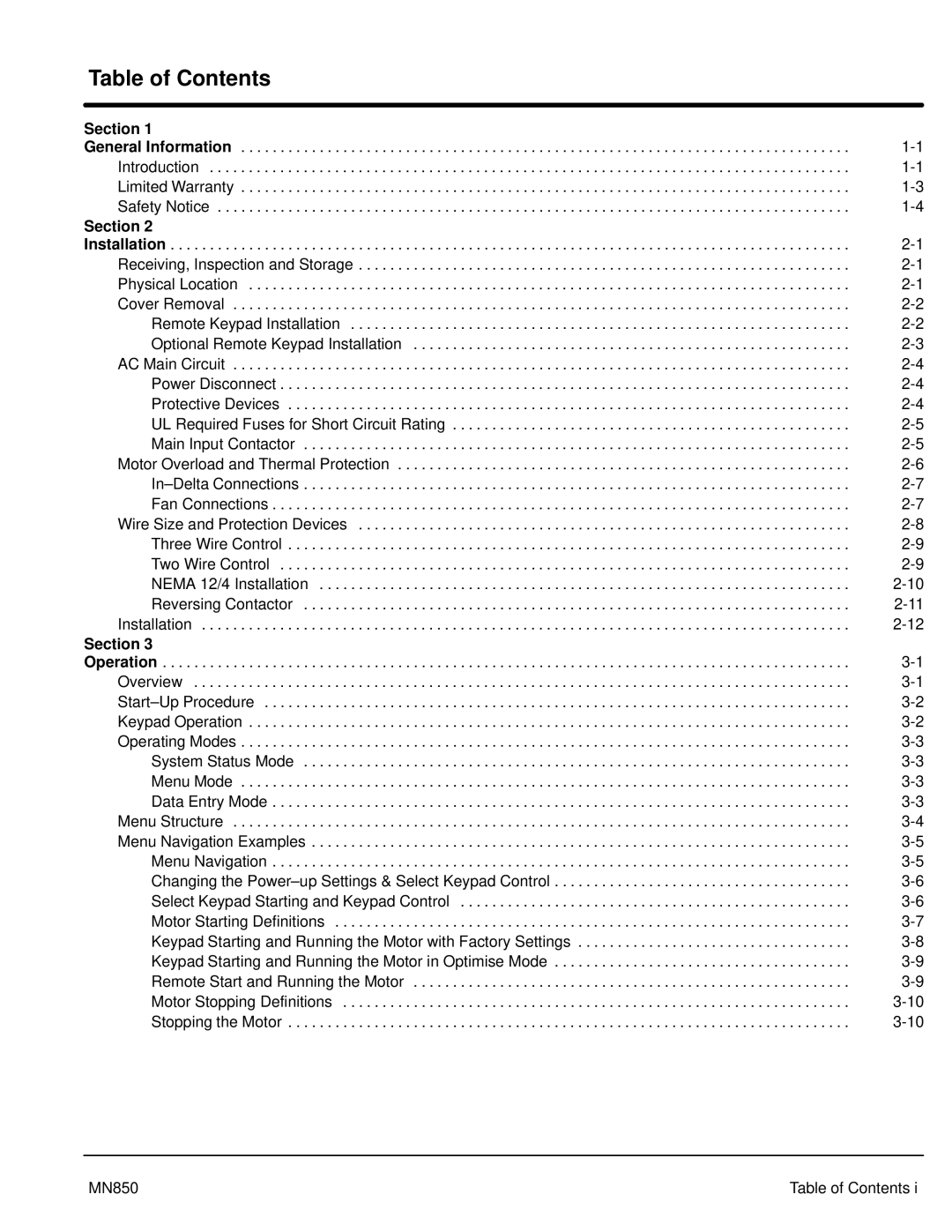 Baldor MN850, Baldor manual Table of Contents 