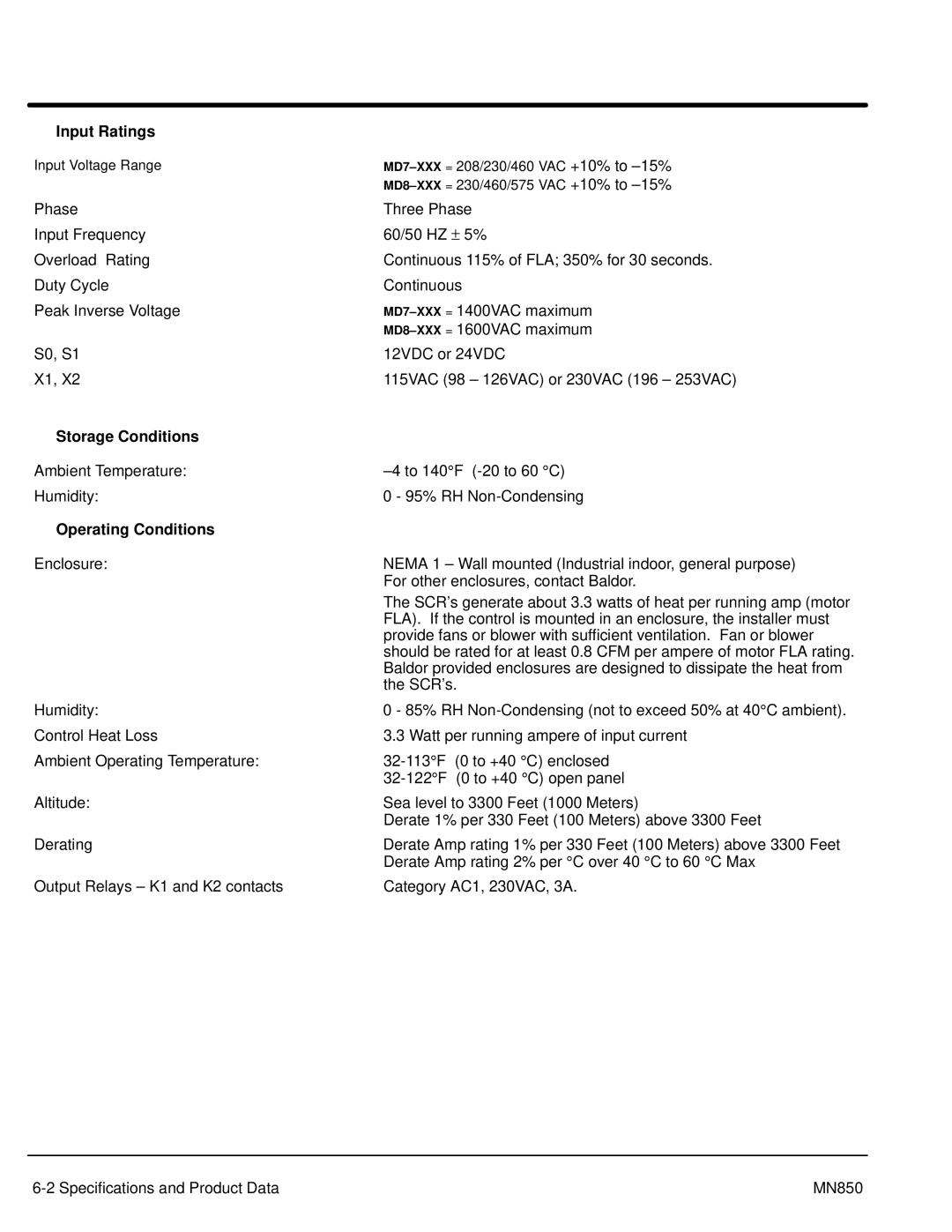 Baldor Baldor, MN850 manual Input Ratings, Storage Conditions, Operating Conditions 