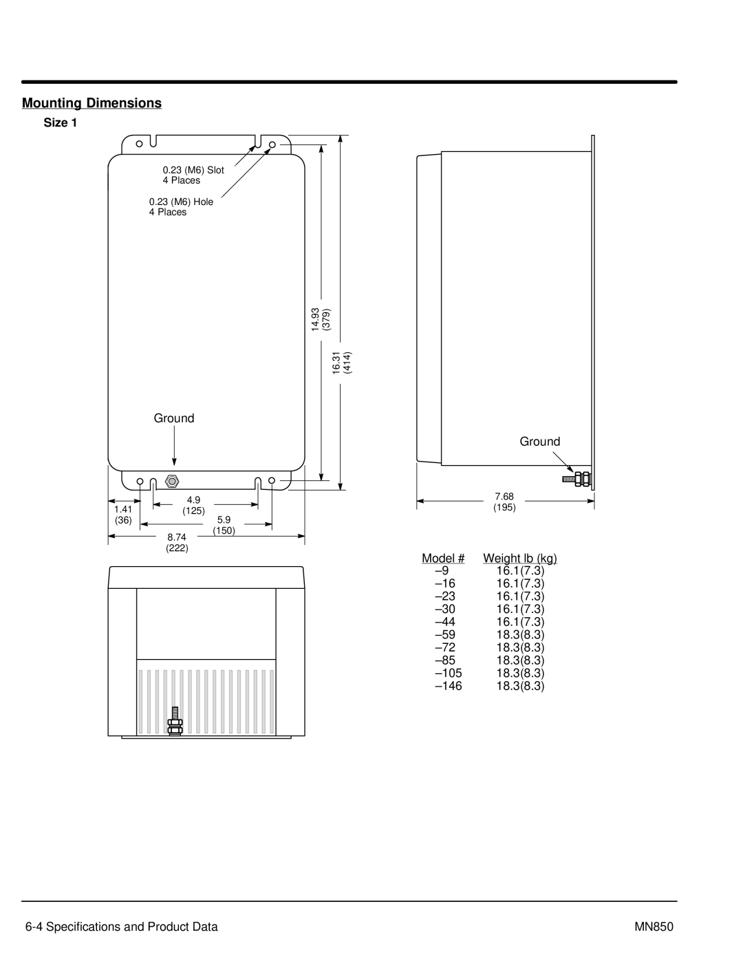 Baldor Baldor, MN850 manual Mounting Dimensions, Size 