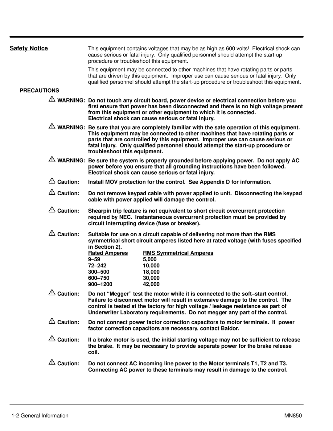 Baldor Baldor, MN850 manual Safety Notice, Precautions 