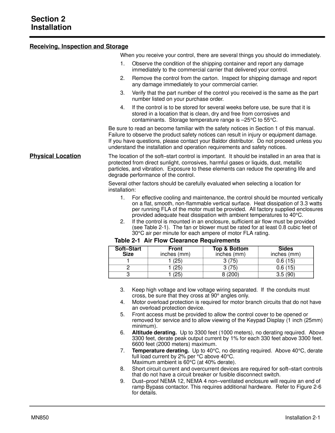 Baldor MN850 Section Installation, Receiving, Inspection and Storage, Physical Location, Air Flow Clearance Requirements 