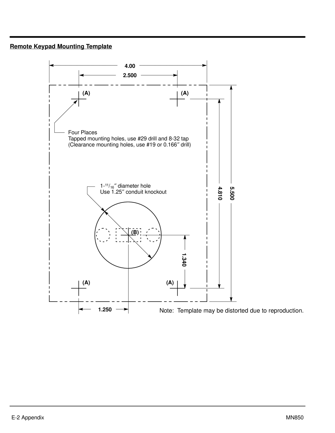 Baldor Baldor, MN850 manual Remote Keypad Mounting Template, 340 810 500 250 