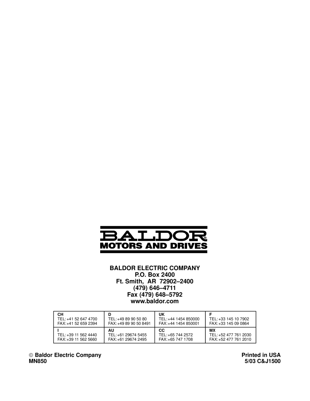 Baldor manual  Baldor Electric Company MN850 03 C&J1500 