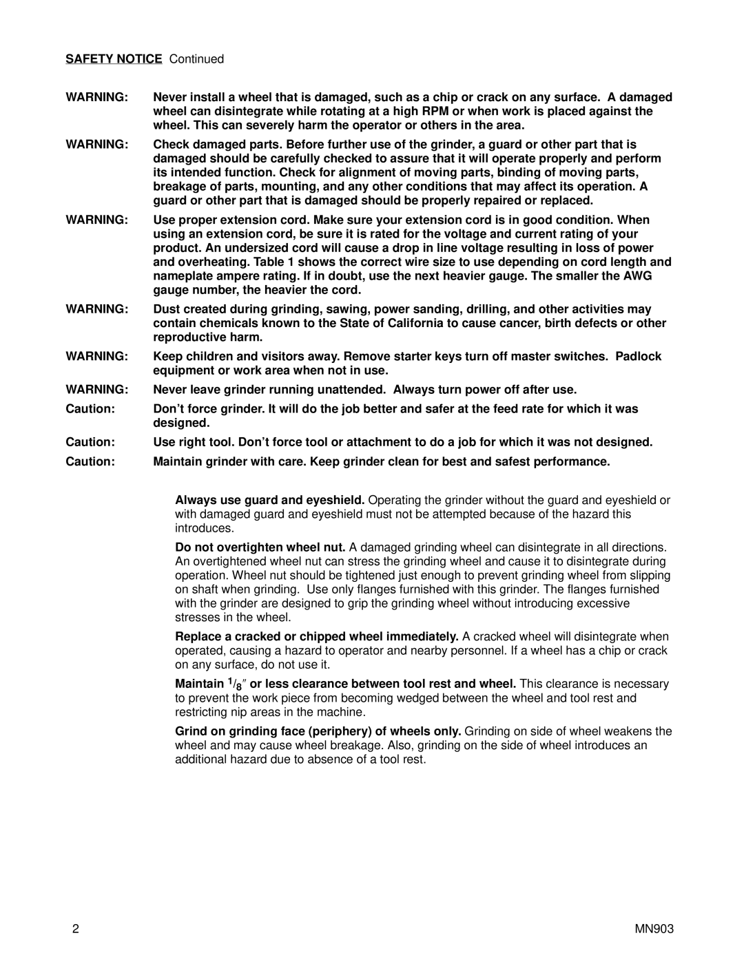 Baldor MN903 Safety Notice, Gauge number, the heavier the cord, Reproductive harm, Equipment or work area when not in use 