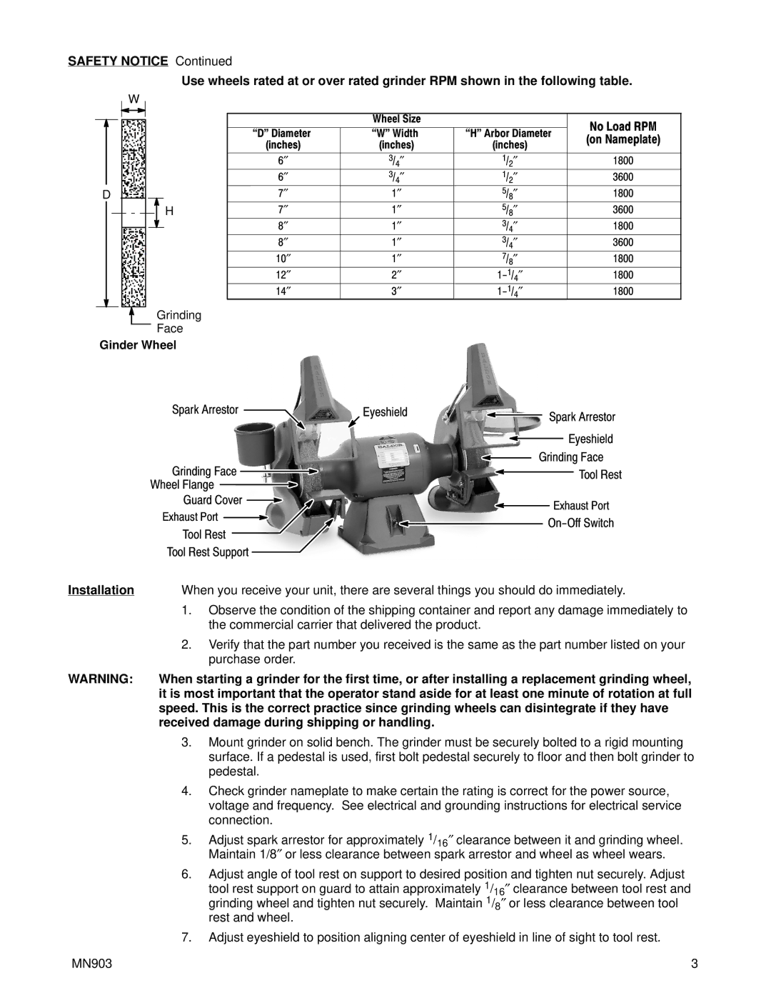 Baldor MN903 instruction manual Ginder Wheel, Installation 