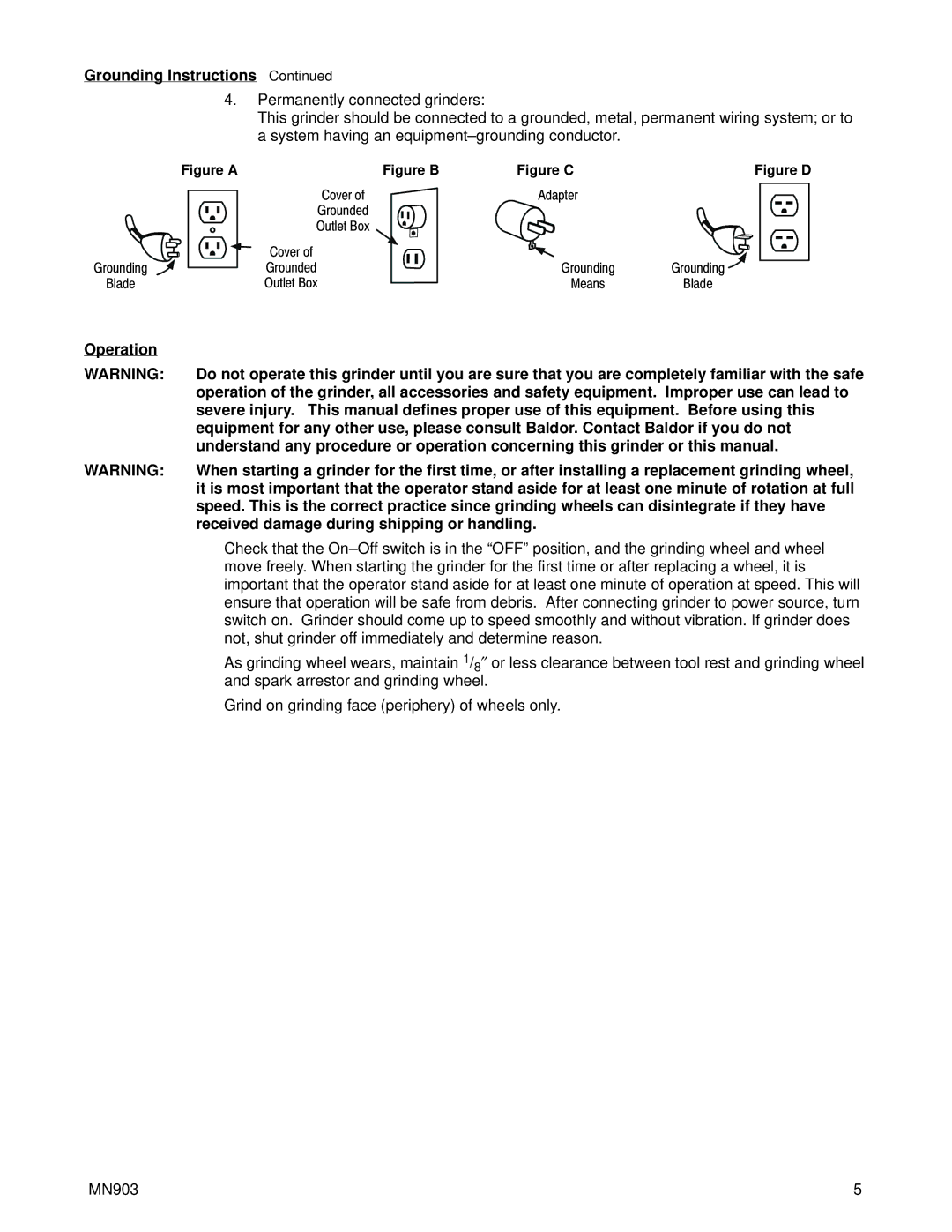 Baldor MN903 instruction manual Grounding Instructions, Operation 