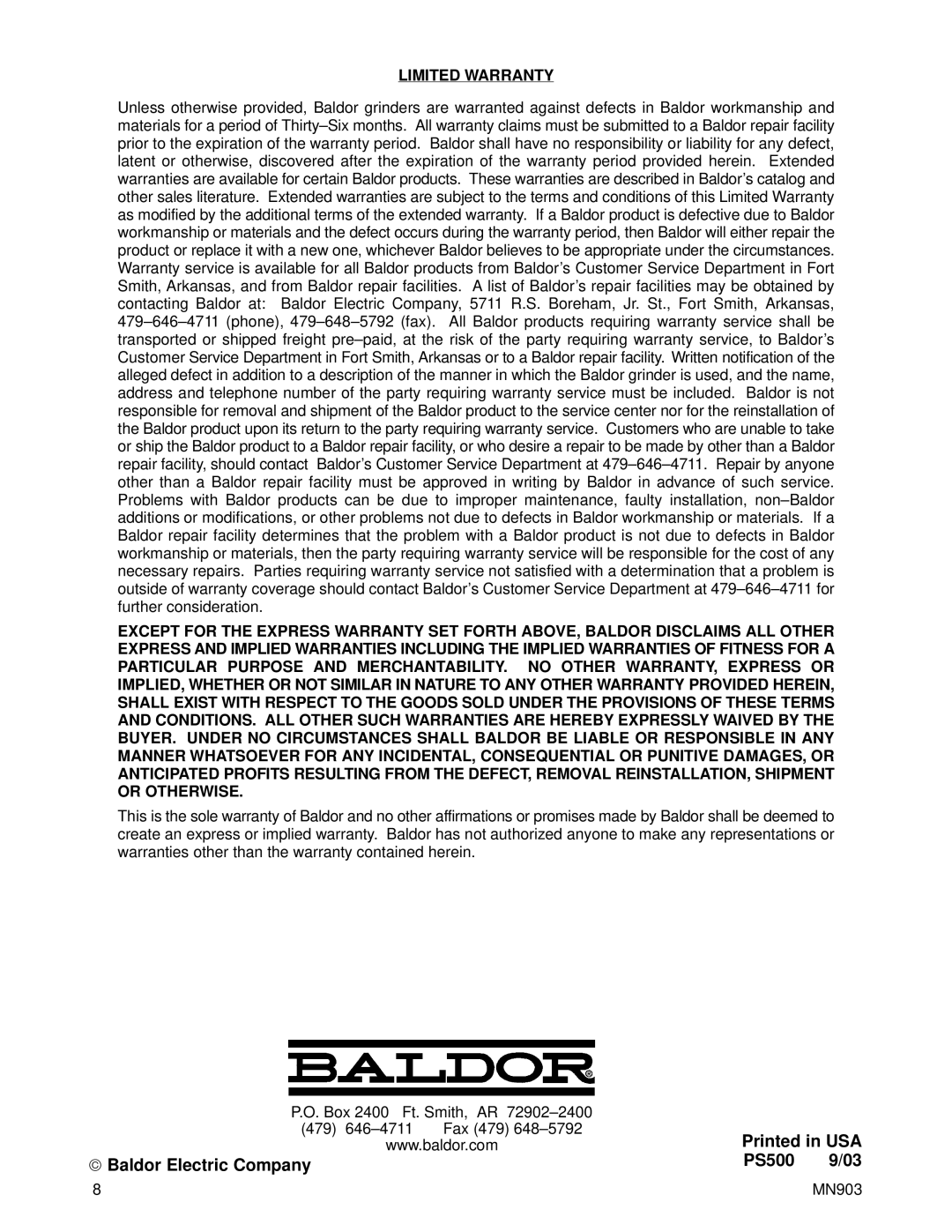 Baldor MN903 instruction manual Limited Warranty 