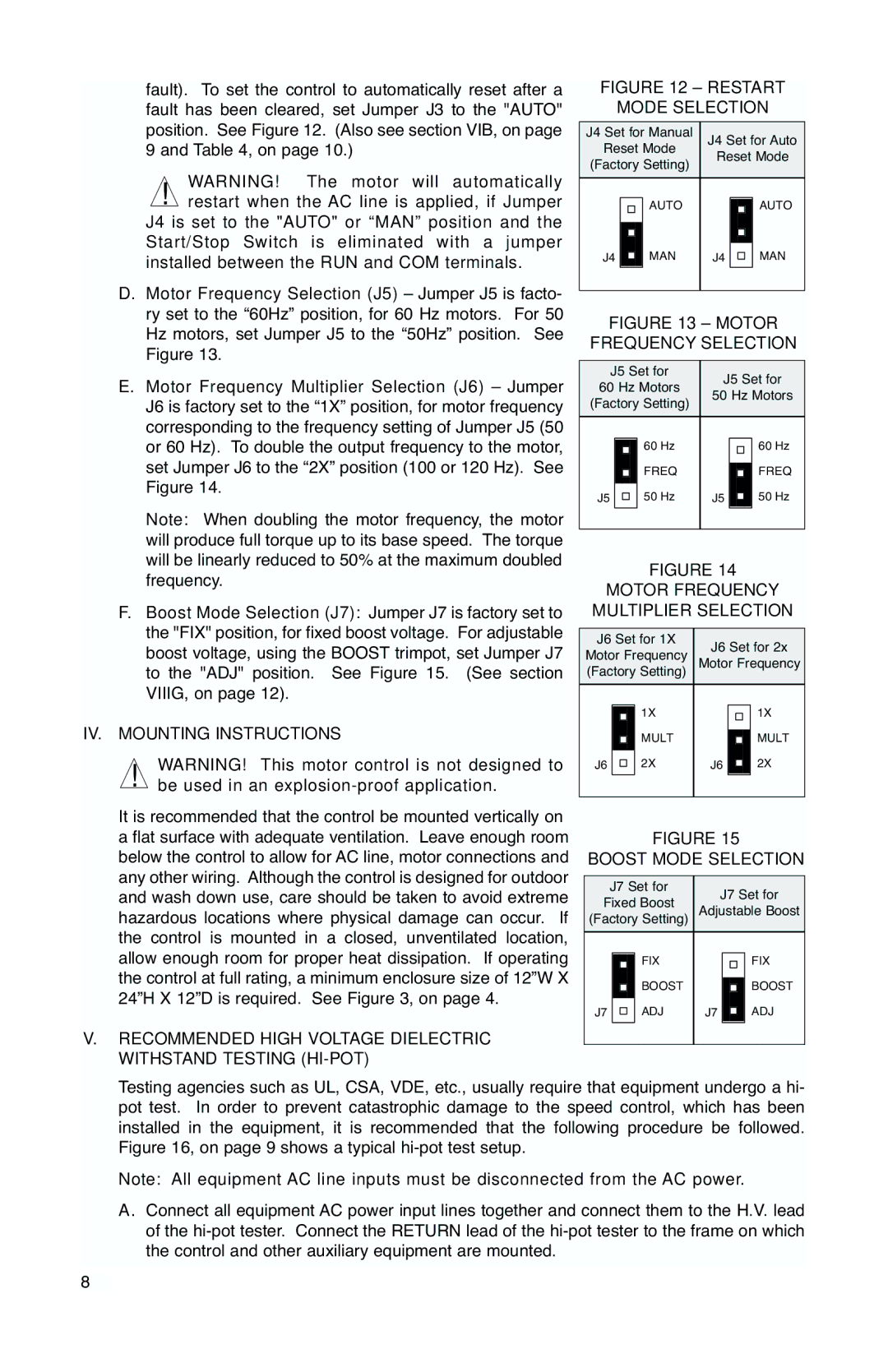 Baldor NEMA 4X, IP-65 manual IV. Mounting Instructions, Motor Frequency Multiplier Selection, Boost Mode Selection 