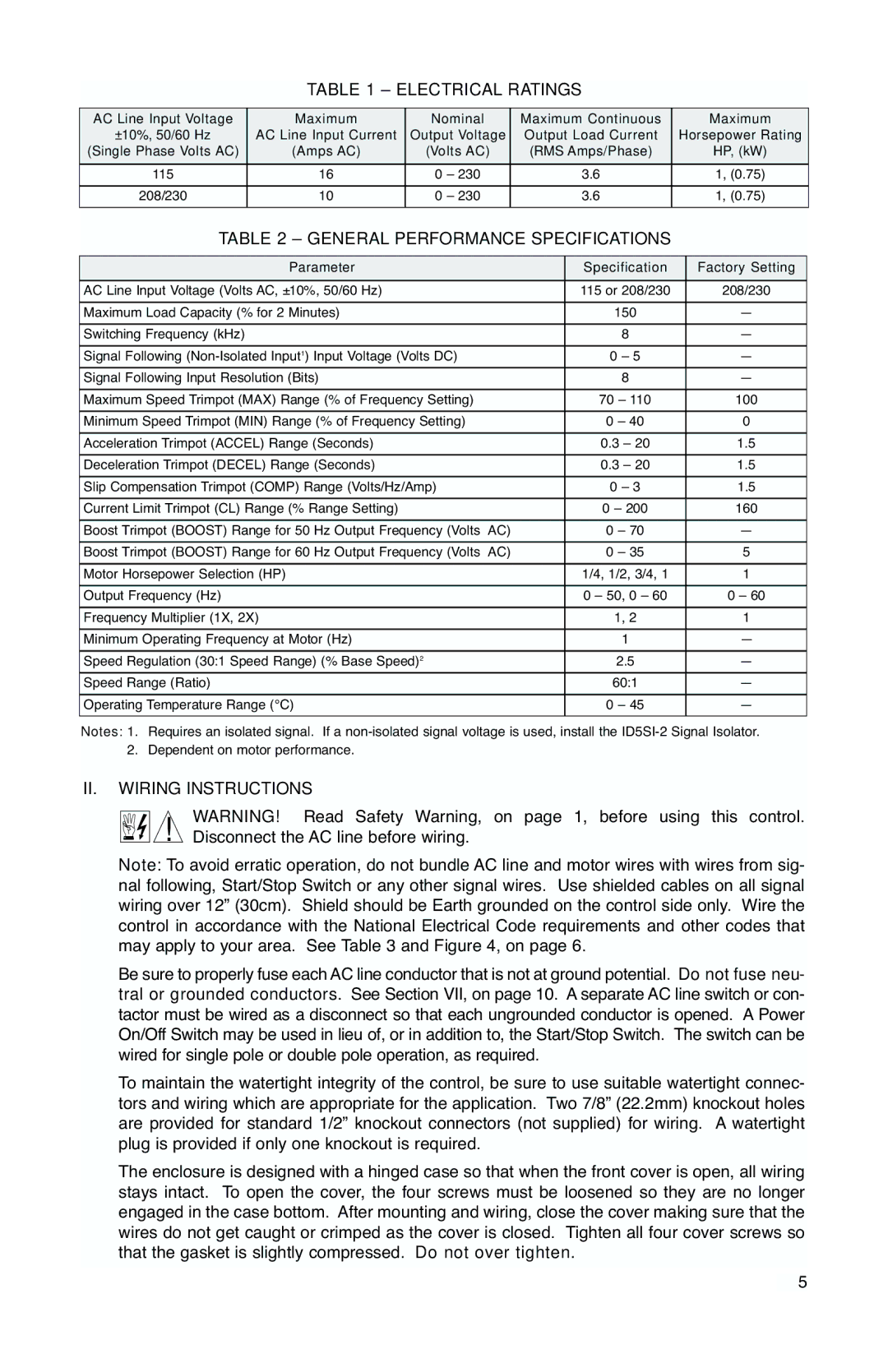 Baldor IP-65, NEMA 4X manual Electrical Ratings, General Performance Specifications, II. Wiring Instructions 