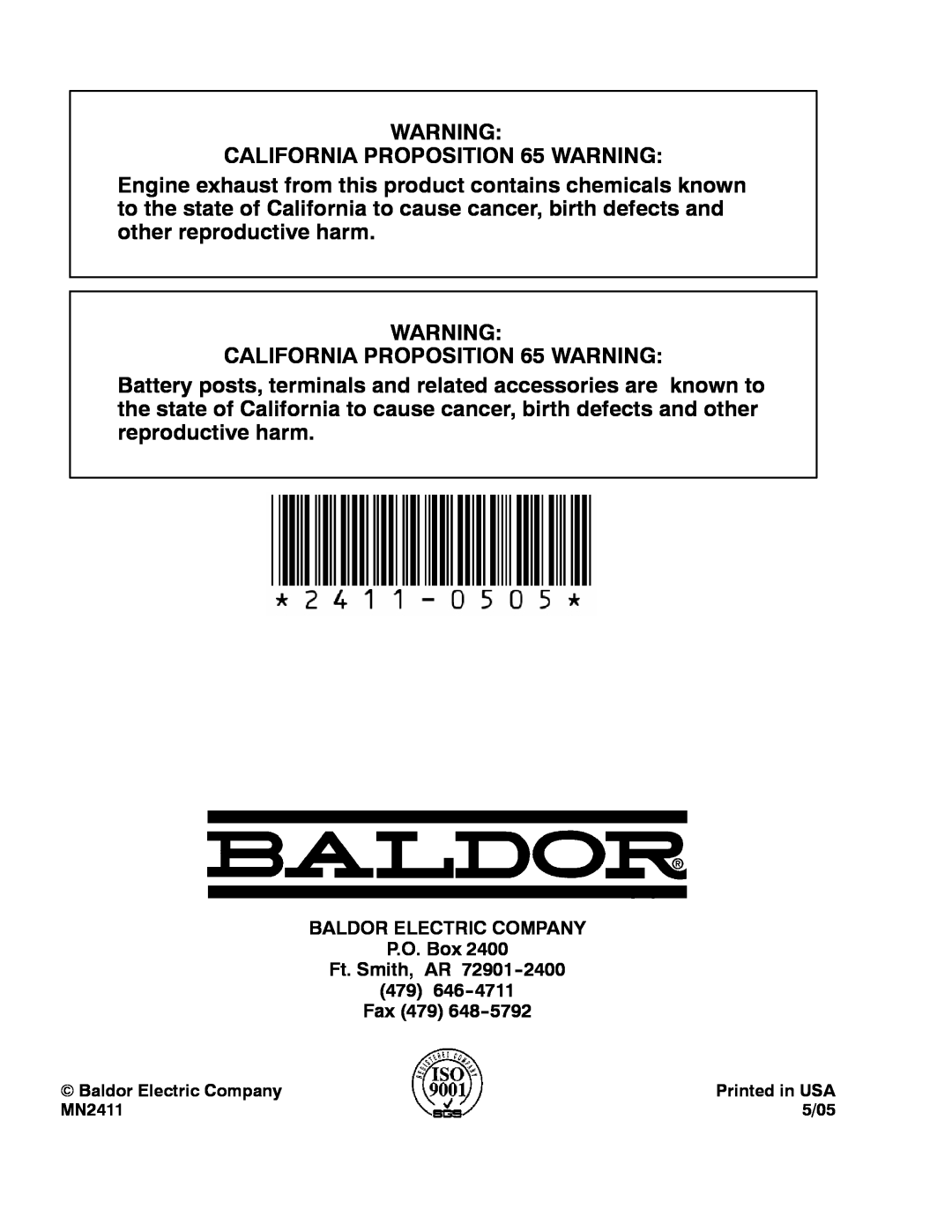 Baldor PC1100R, PC1700RI manual CALIFORNIA PROPOSITION 65 WARNING 