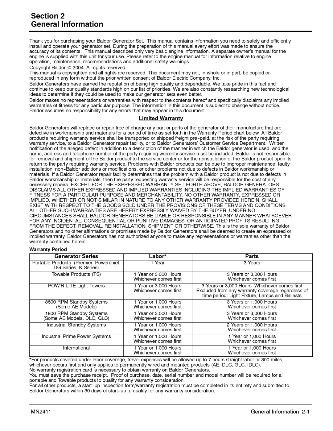 Baldor PC1700RI, PC1100R manual Section General Information, Limited Warranty, Parts, Generator Series Labor 