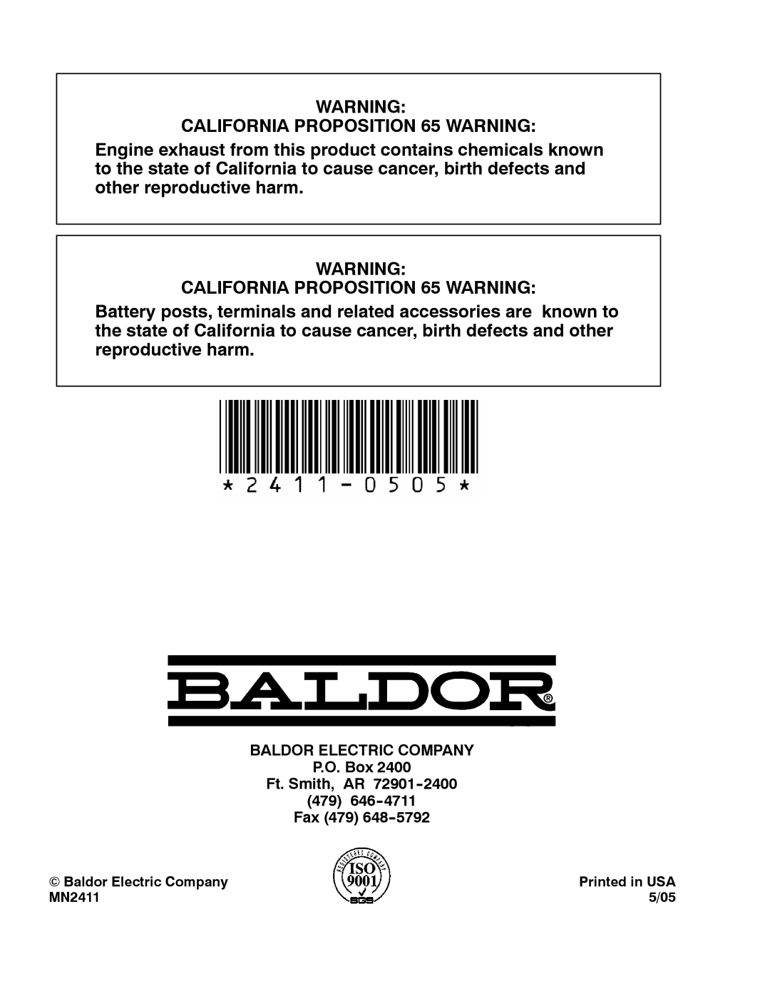 Baldor PC1100R, PC1700RI manual California Proposition 65 Warning 