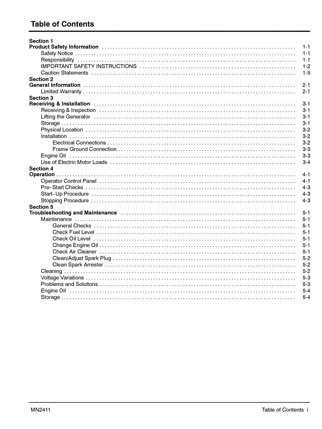 Baldor PC1700RI, PC1100R manual Table of Contents 