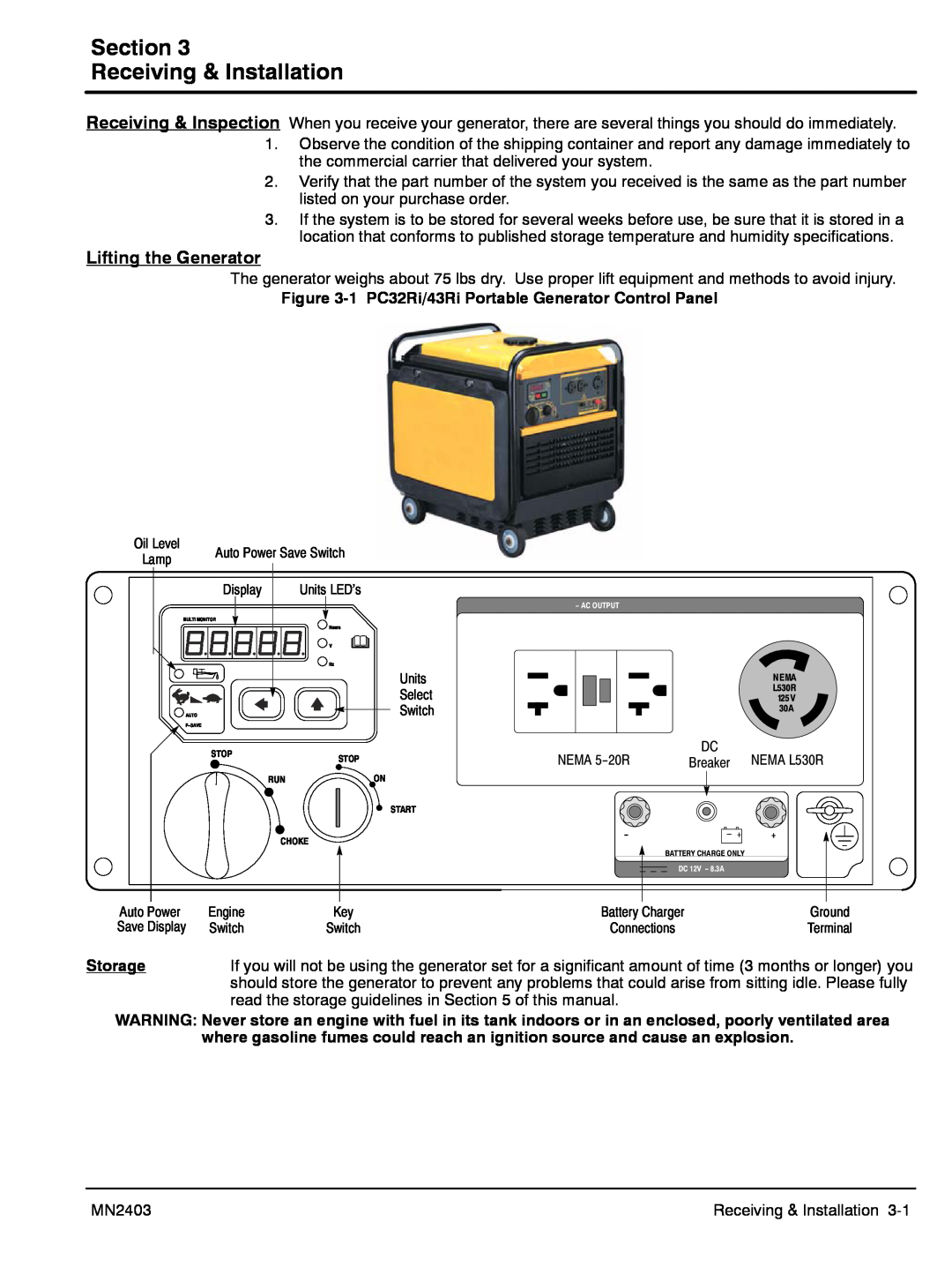 Baldor PC32RI, PC43RI manual Section Receiving & Installation, Lifting the Generator 