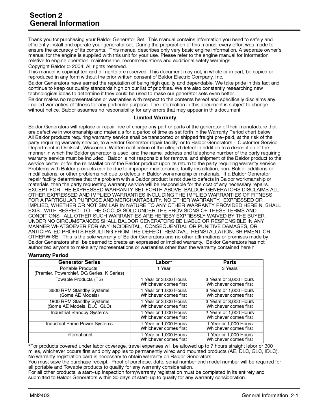 Baldor PC32RI, PC43RI manual Section General Information, Limited Warranty, Warranty Period Generator Series Labor Parts 