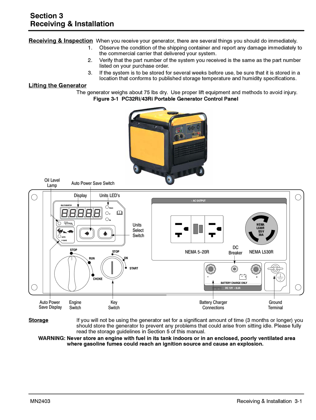 Baldor PC32RI, PC43RI manual Section Receiving & Installation, Storage 