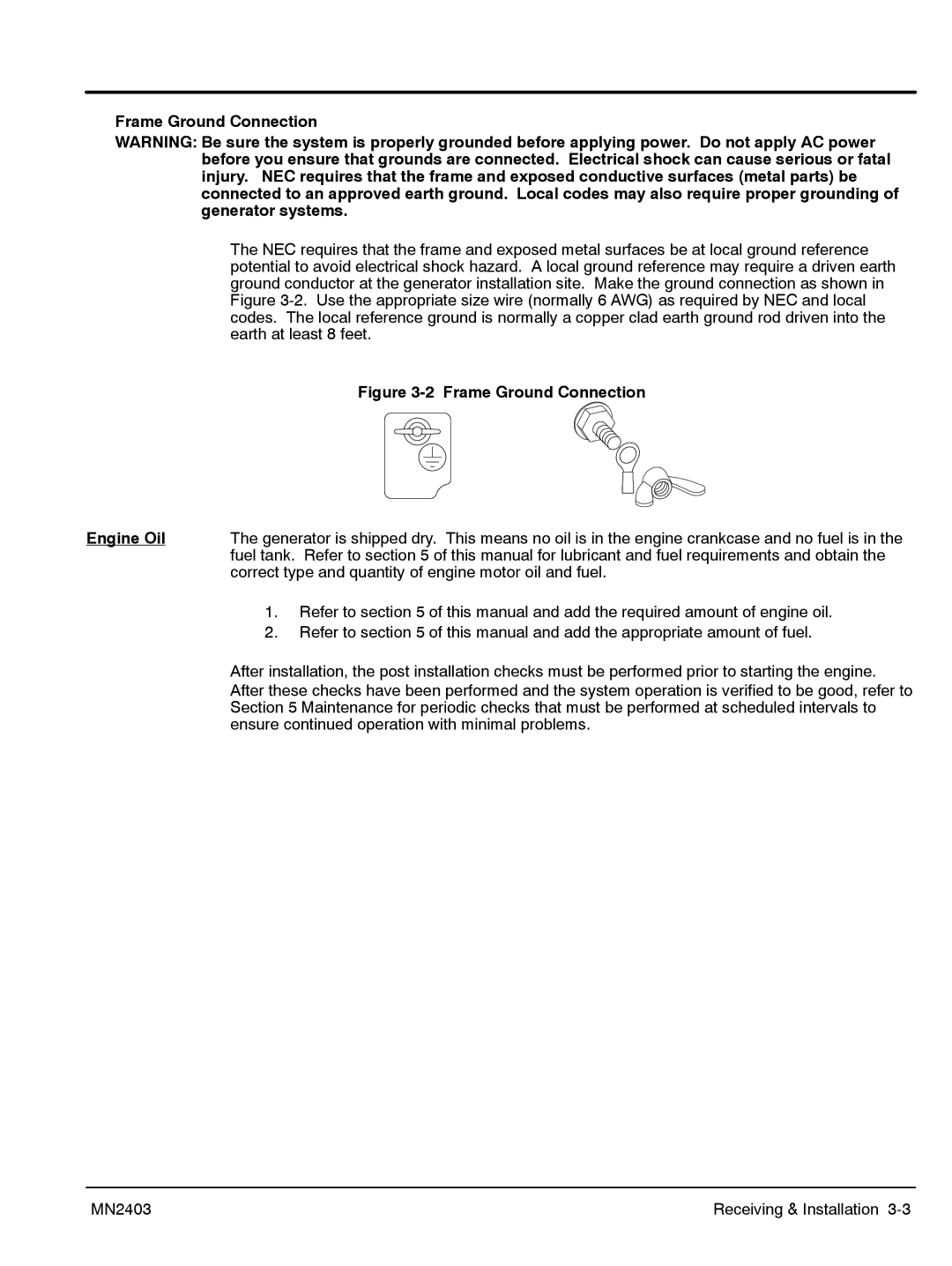 Baldor PC32RI, PC43RI manual Frame Ground Connection Engine Oil 