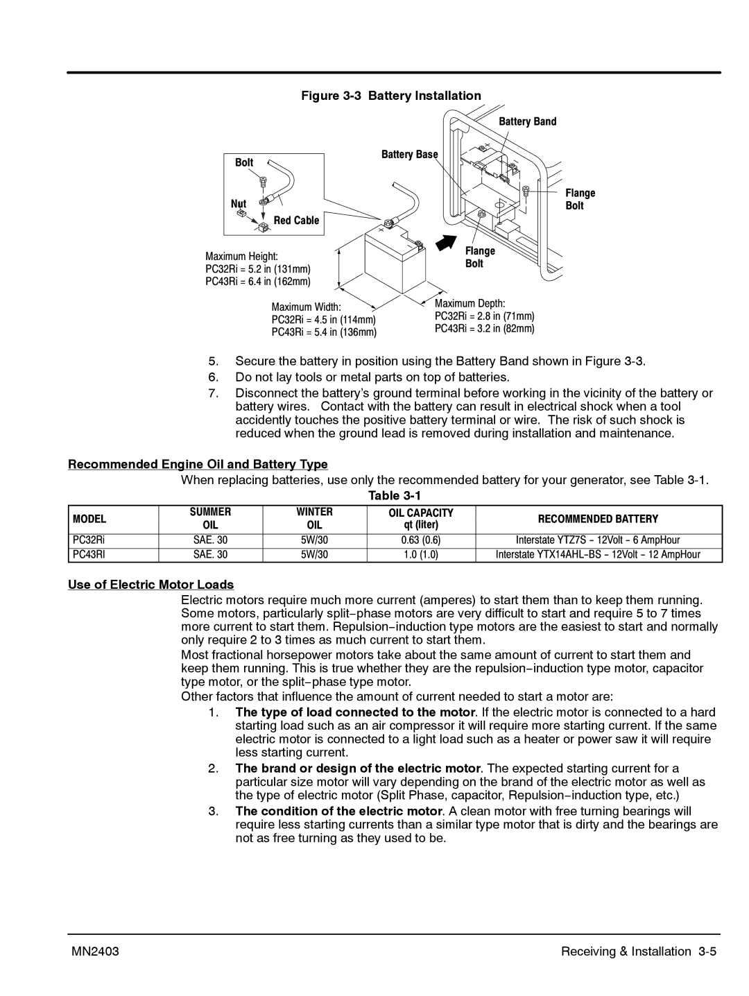 Baldor PC32RI, PC43RI manual Recommended Engine Oil and Battery Type, Use of Electric Motor Loads 