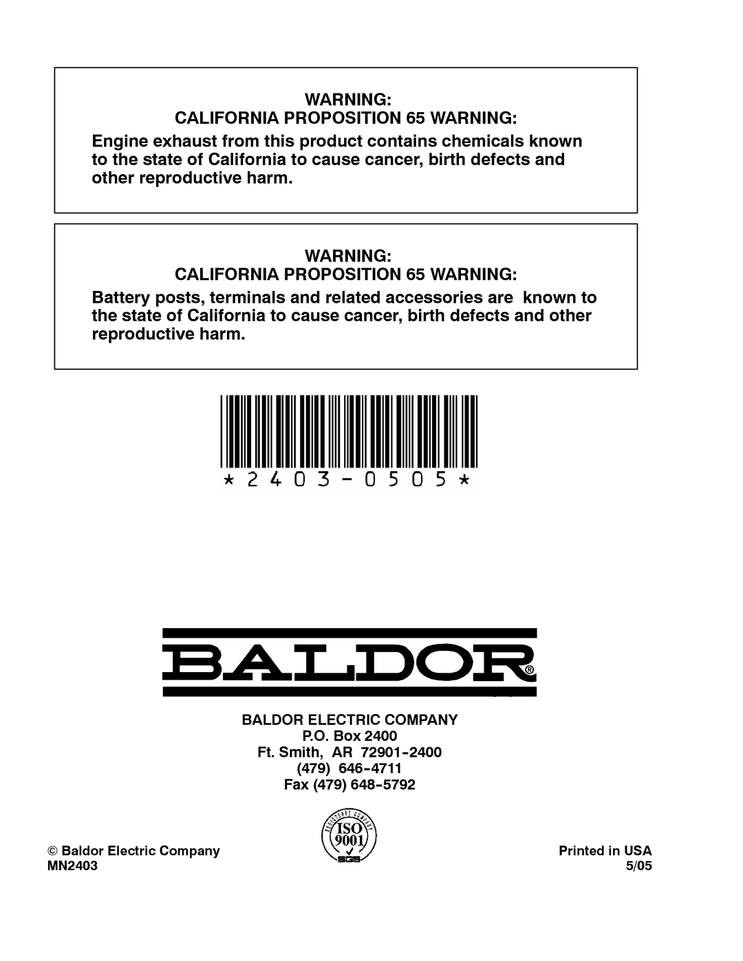 Baldor PC43RI, PC32RI manual California Proposition 65 Warning 