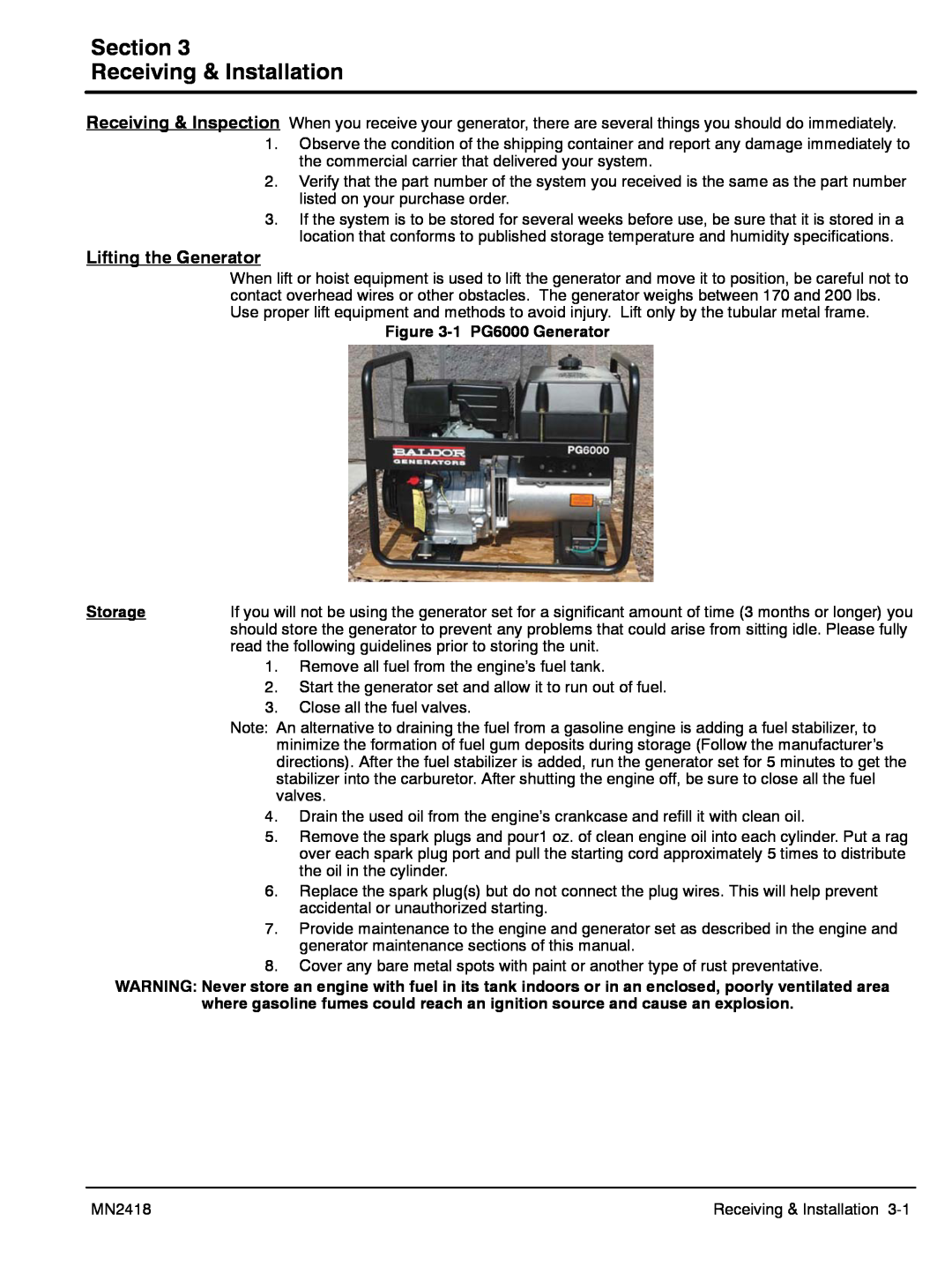 Baldor PG 6000 manual Section Receiving & Installation, Lifting the Generator 