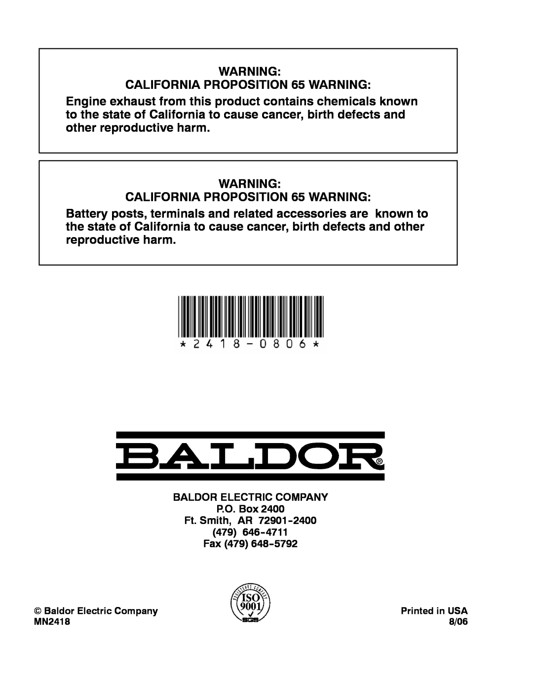 Baldor PG 6000 BALDOR ELECTRIC COMPANY P.O. Box Ft. Smith, AR, 479646-4711 Fax, Baldor Electric Company, 8/06, MN2418 