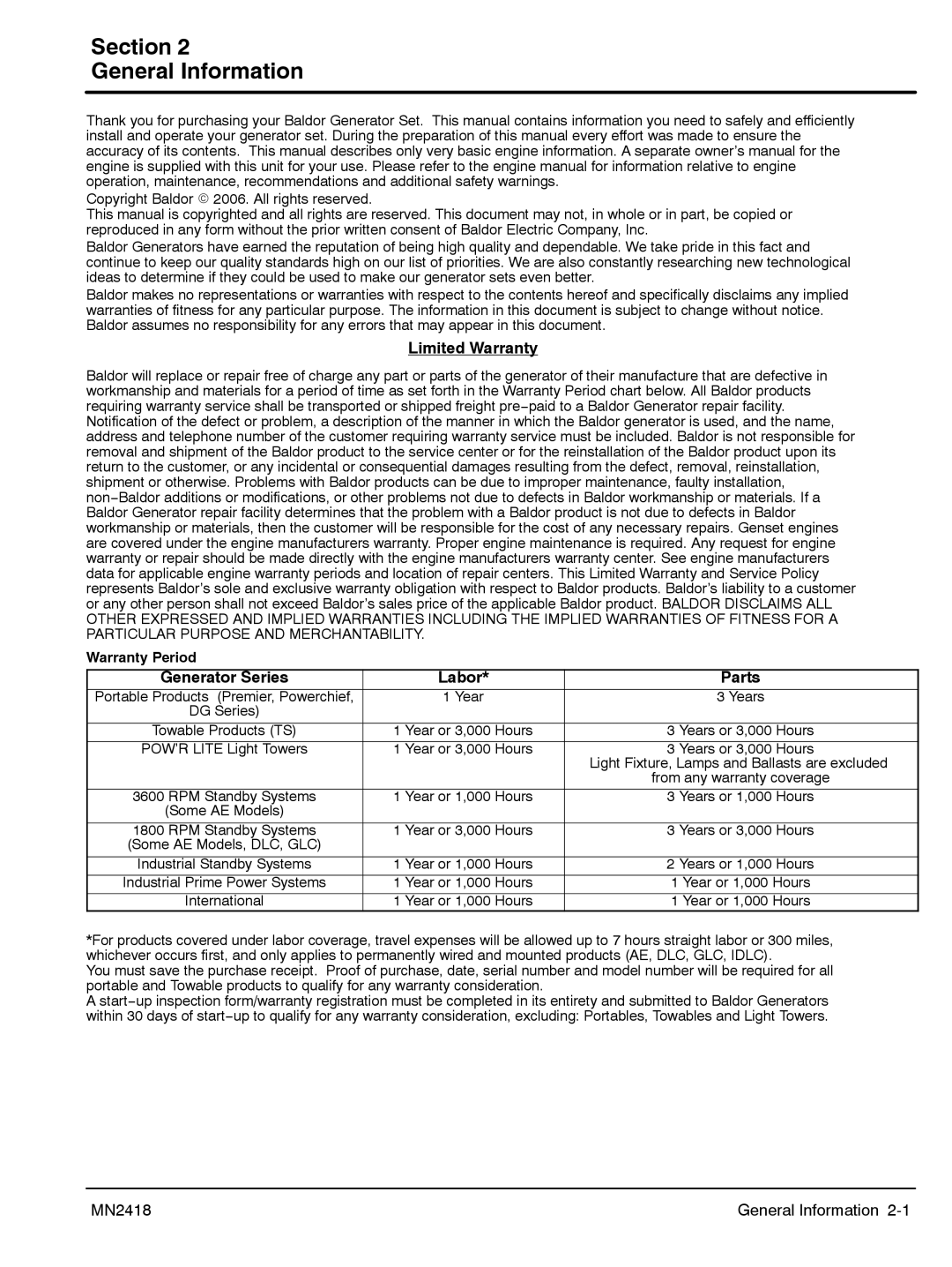 Baldor PG 6000 manual Section General Information, Limited Warranty, Labor Parts 