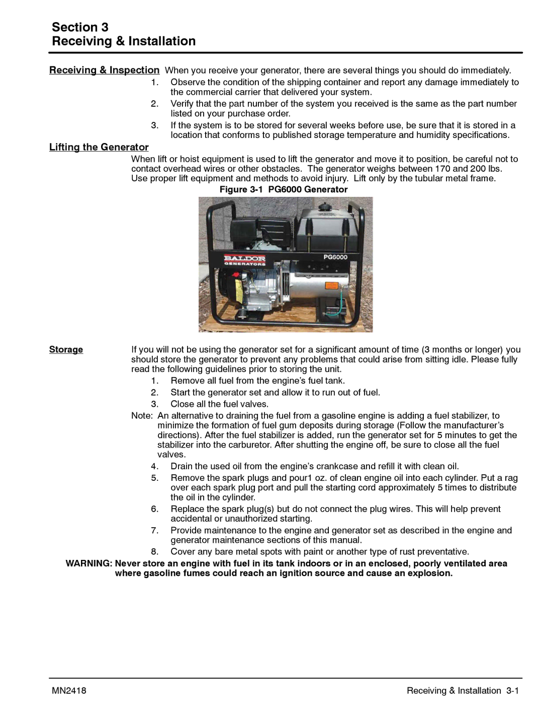 Baldor PG 6000 manual Section Receiving & Installation, PG6000 Generator Storage 