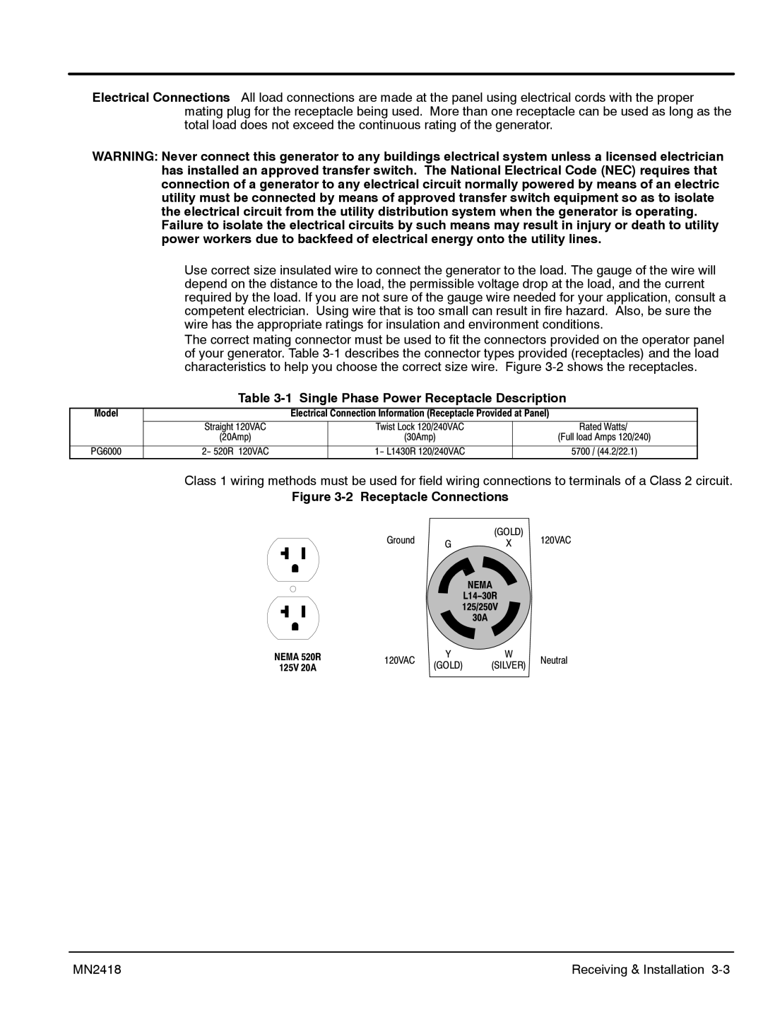 Baldor PG 6000 manual Single Phase Power Receptacle Description, Receptacle Connections 