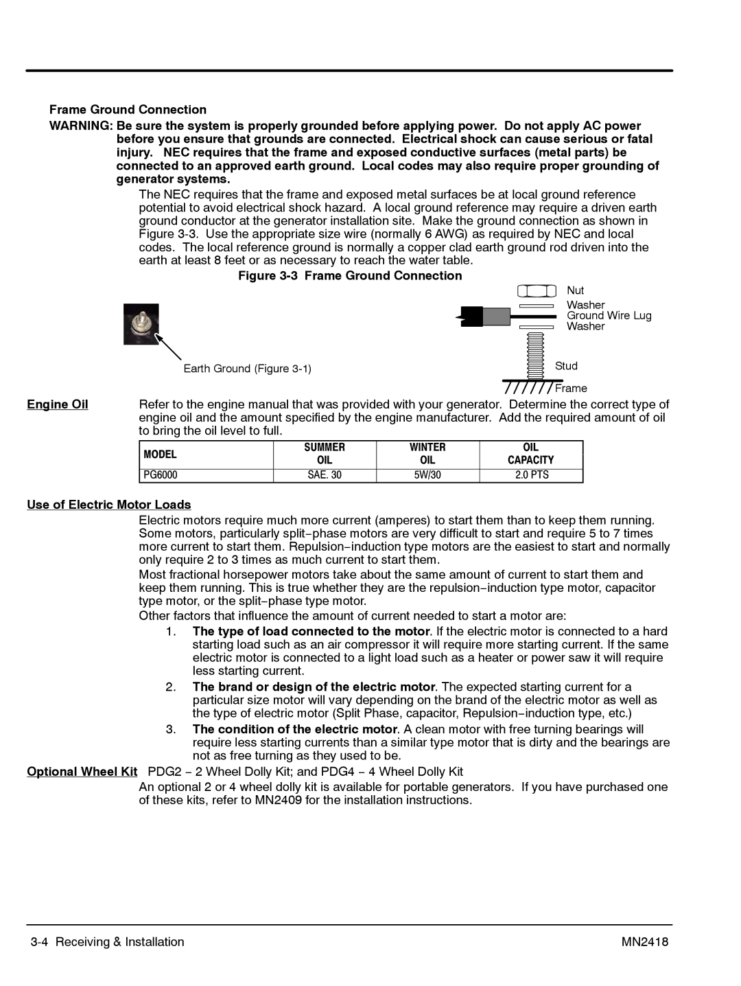 Baldor PG 6000 manual Frame Ground Connection, Engine Oil, Use of Electric Motor Loads 