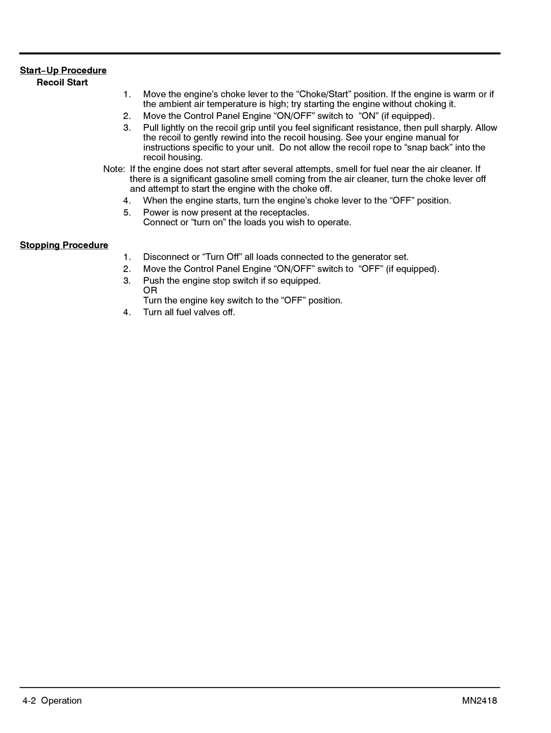 Baldor PG 6000 manual Start−Up Procedure Recoil Start, Stopping Procedure 