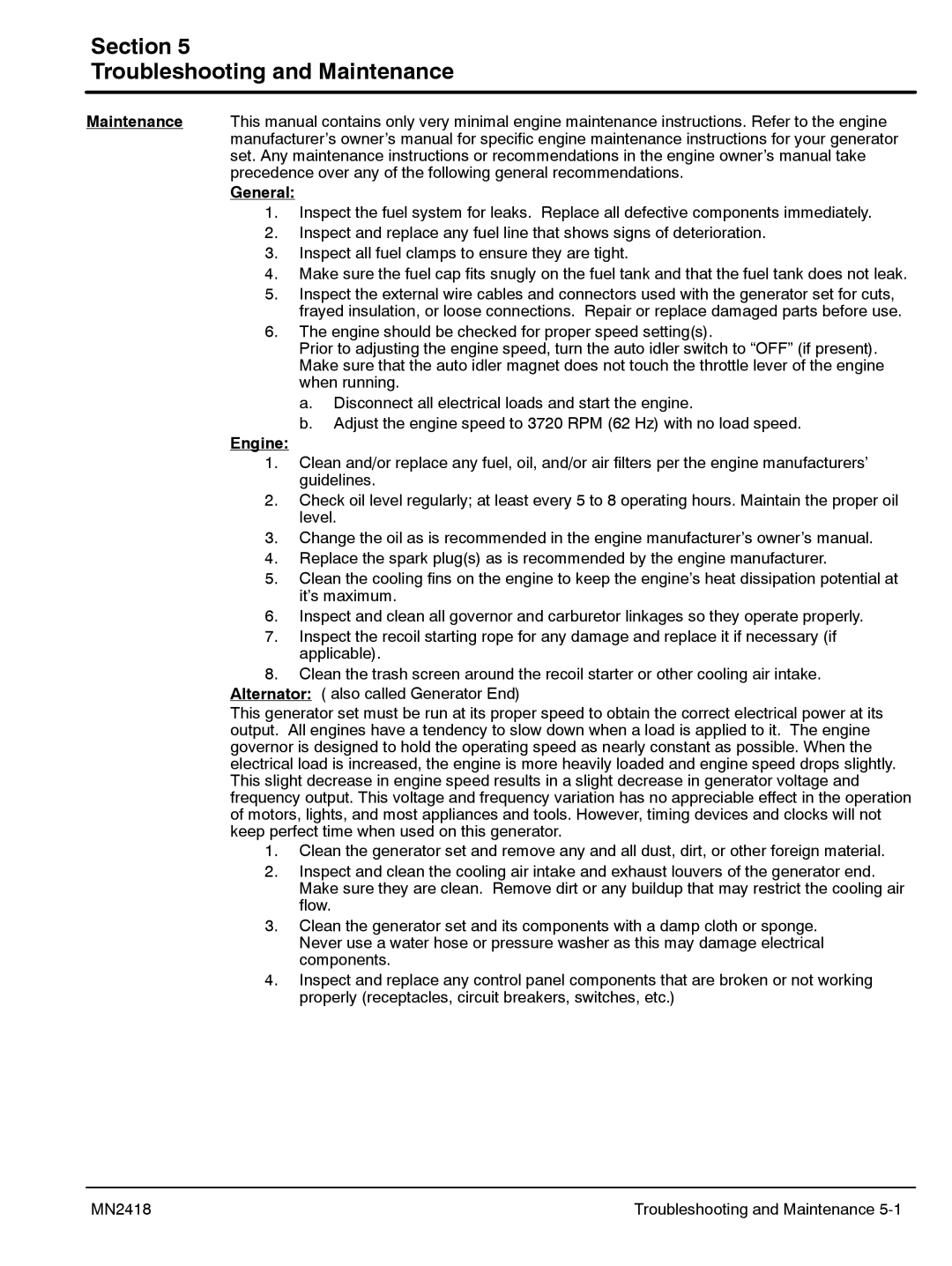 Baldor PG 6000 manual Section Troubleshooting and Maintenance, General, Engine 