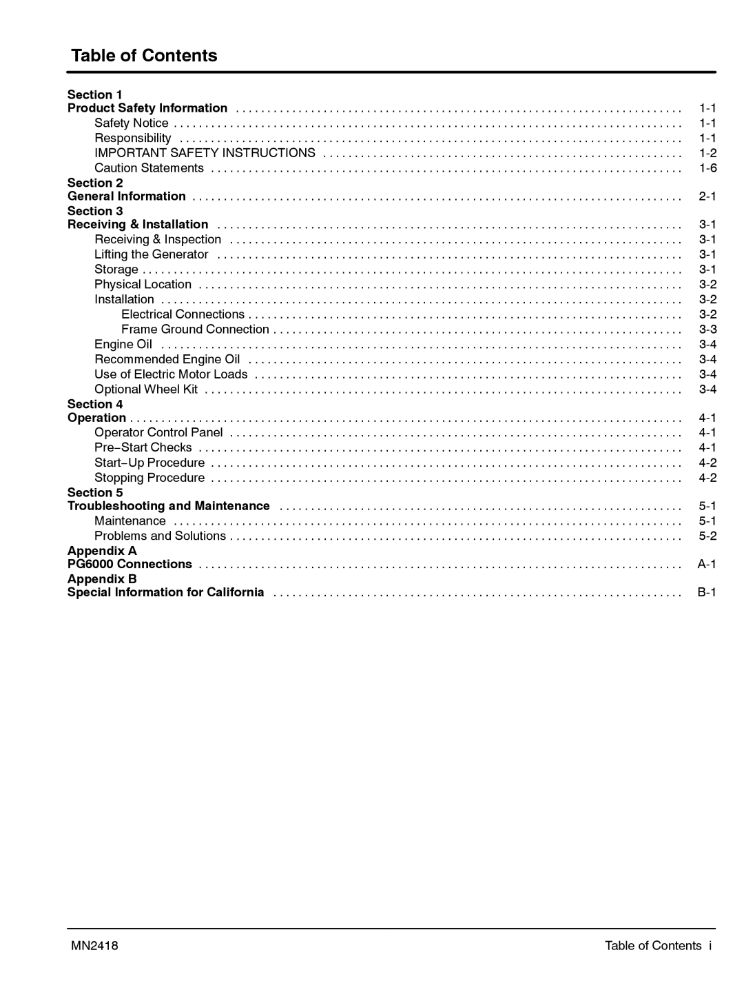 Baldor PG 6000 manual Table of Contents 