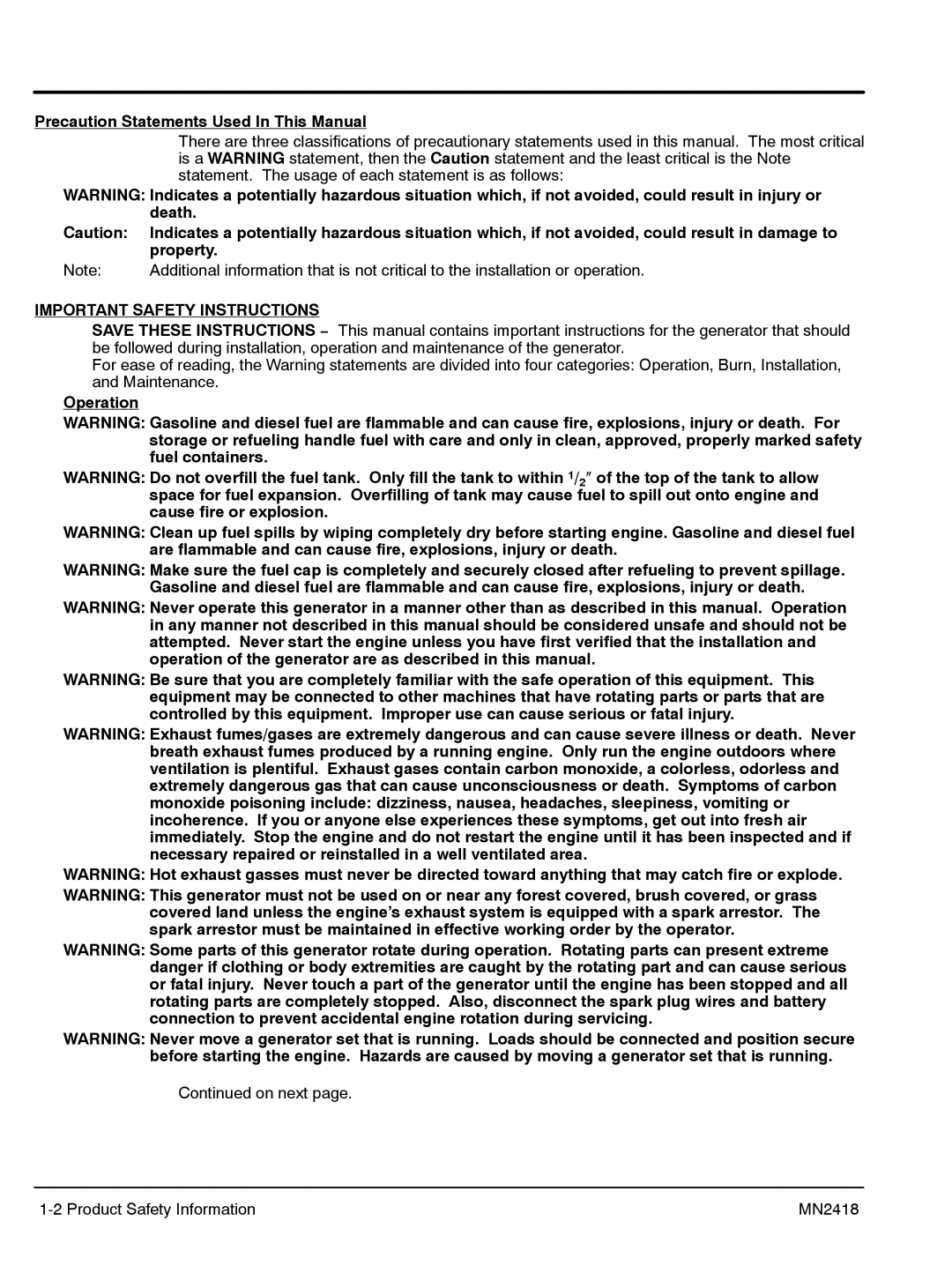 Baldor PG 6000 manual Precaution Statements Used In This Manual, Property, Operation 