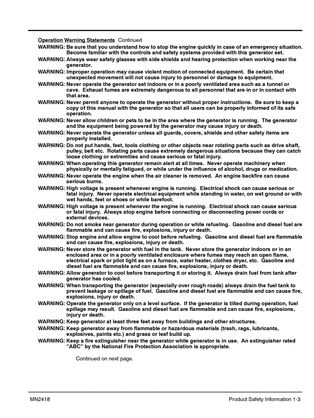 Baldor PG 6000 manual Operation Warning Statements 