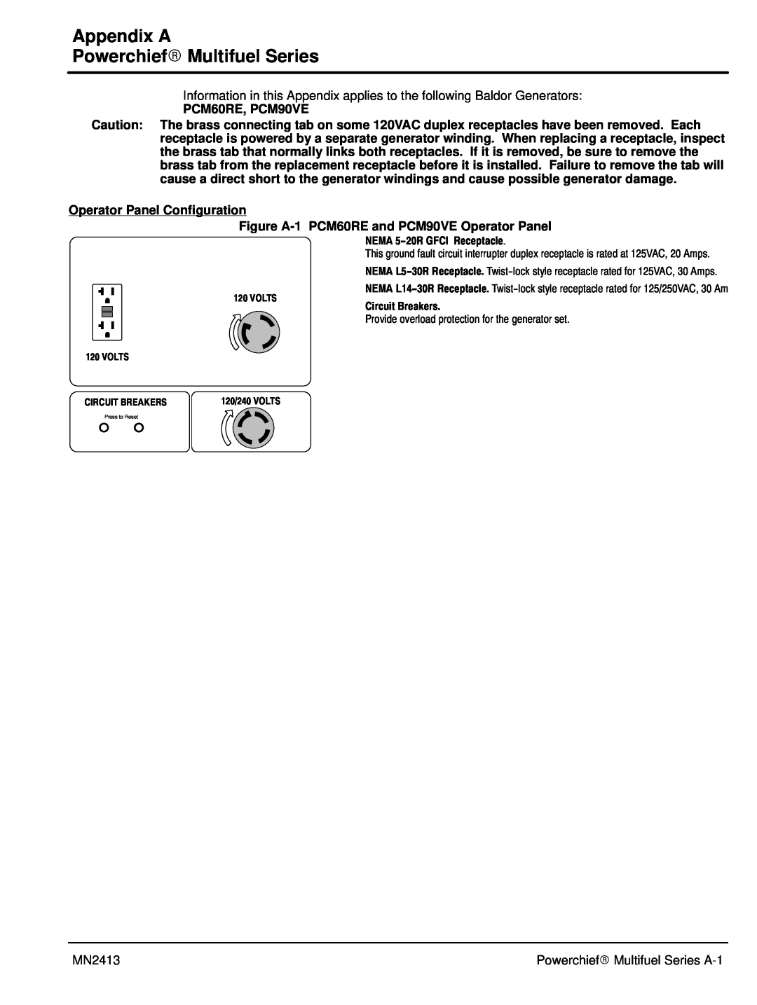 Baldor Series PC Mutlifuel manual Appendix A PowerchiefR Multifuel Series, NEMA 5-20R GFCI Receptacle 