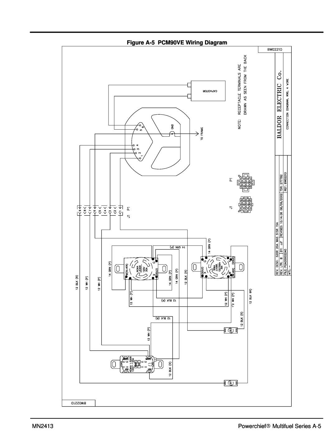 Baldor Series PC Mutlifuel manual Figure A-5 PCM90VE Wiring Diagram, MN2413, PowerchiefR Multifuel Series A-5 