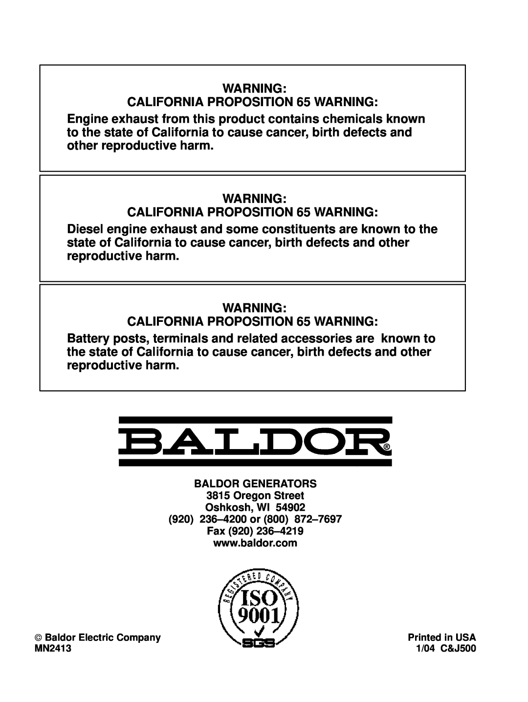 Baldor Series PC Mutlifuel manual BALDOR GENERATORS 3815 Oregon Street Oshkosh, WI, 920 236-4200 or 800 872-7697 Fax 