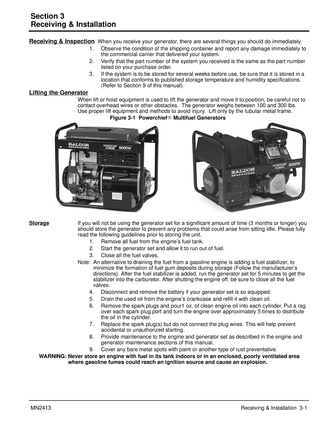 Baldor Series PC Mutlifuel manual Section Receiving & Installation, PowerchiefR Multifuel Generators Storage 