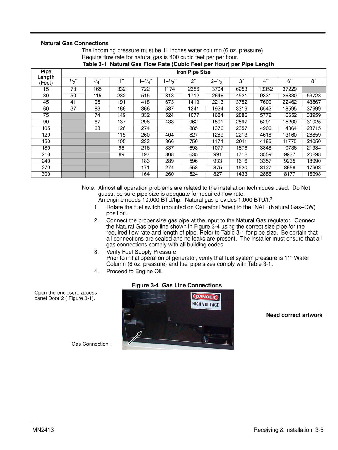 Baldor Series PC Mutlifuel manual Natural Gas Connections, Natural Gas Flow Rate Cubic Feet per Hour per Pipe Length 