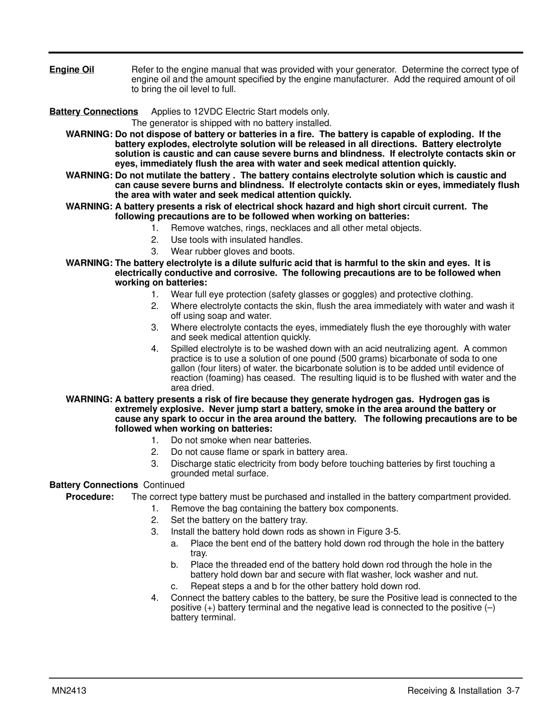 Baldor Series PC Mutlifuel manual Engine Oil, Battery Connections 