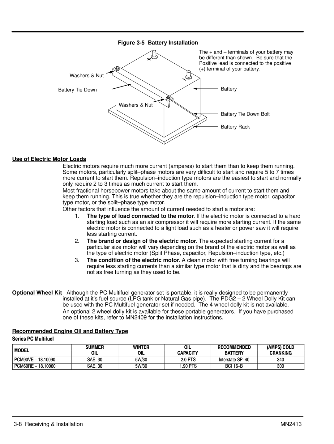 Baldor Series PC Mutlifuel manual Use of Electric Motor Loads, Recommended Engine Oil and Battery Type 