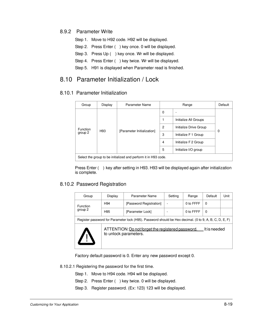 Baldor VS1MD Parameter Initialization / Lock, Parameter Write, Password Registration, Password for the first time 