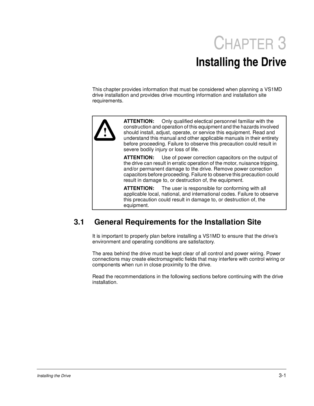 Baldor VS1MD instruction manual Installing the Drive, General Requirements for the Installation Site 