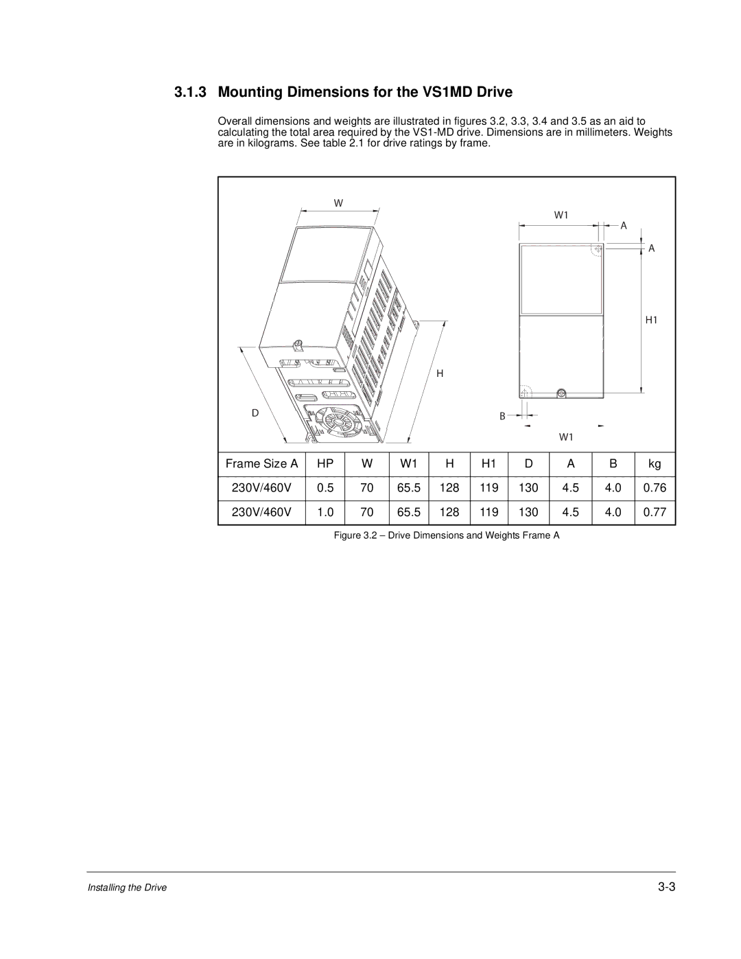 Baldor instruction manual Mounting Dimensions for the VS1MD Drive, Drive Dimensions and Weights Frame a 