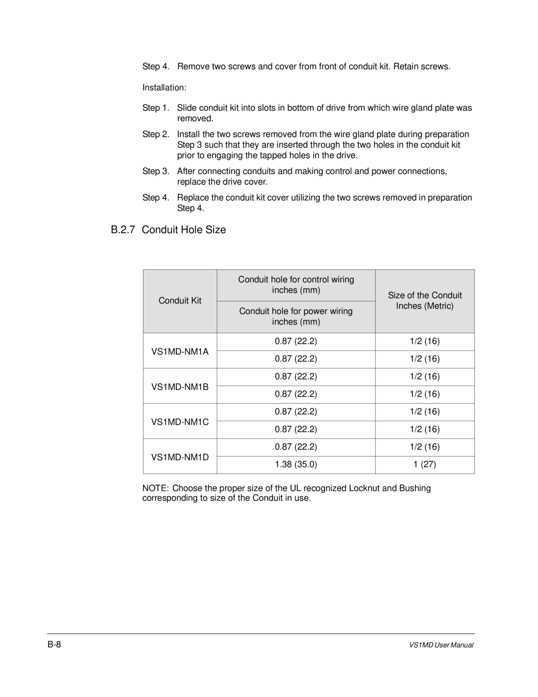 Baldor VS1MD instruction manual Conduit Hole Size, Installation 