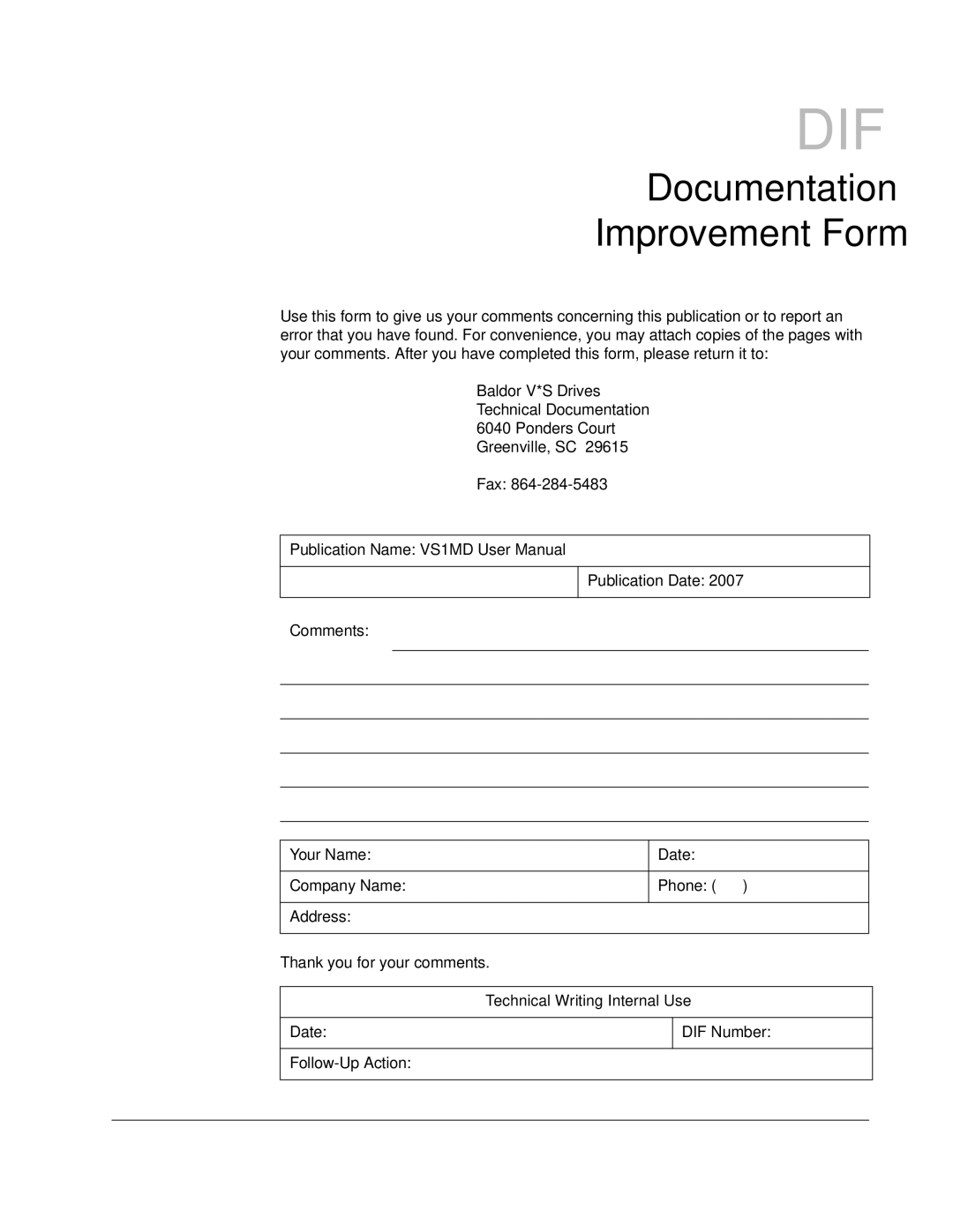 Baldor VS1MD instruction manual Dif, Technical Writing Internal Use 