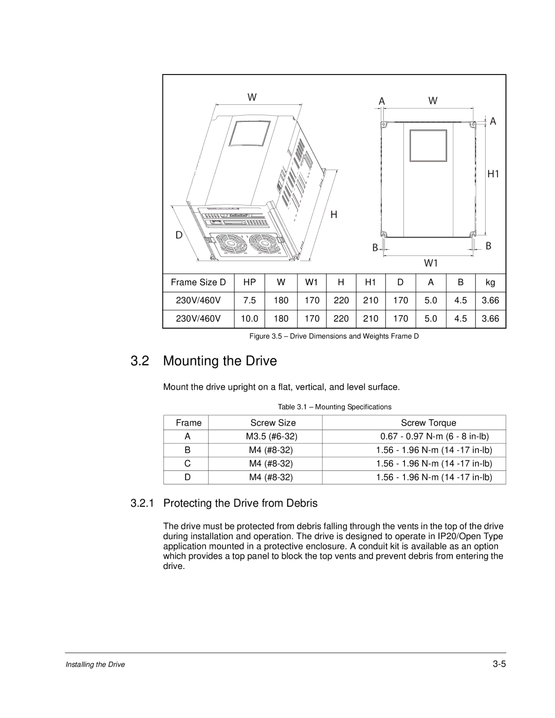 Baldor VS1MD instruction manual Mounting the Drive, Protecting the Drive from Debris, Frame Screw Size Screw Torque 