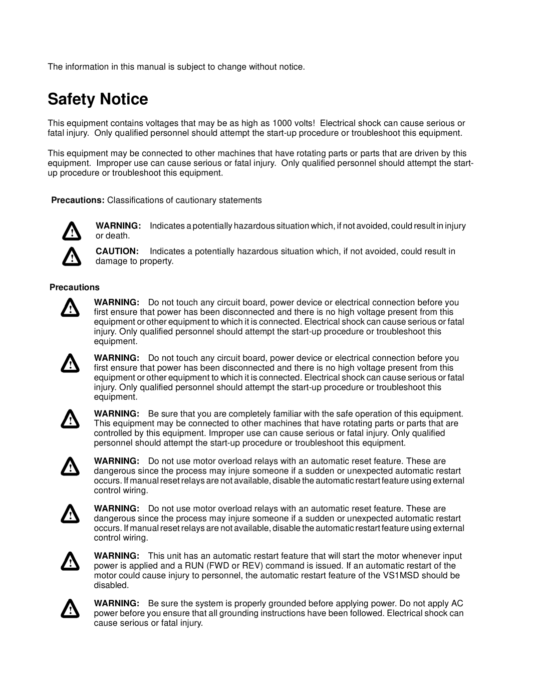 Baldor VS1MD instruction manual Safety Notice, Precautions 